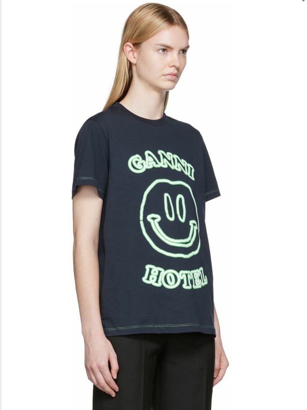 GANNI Navy Blue Ganni Hotel Smiley Face T-Shirt Tee - Picture 7 of 16